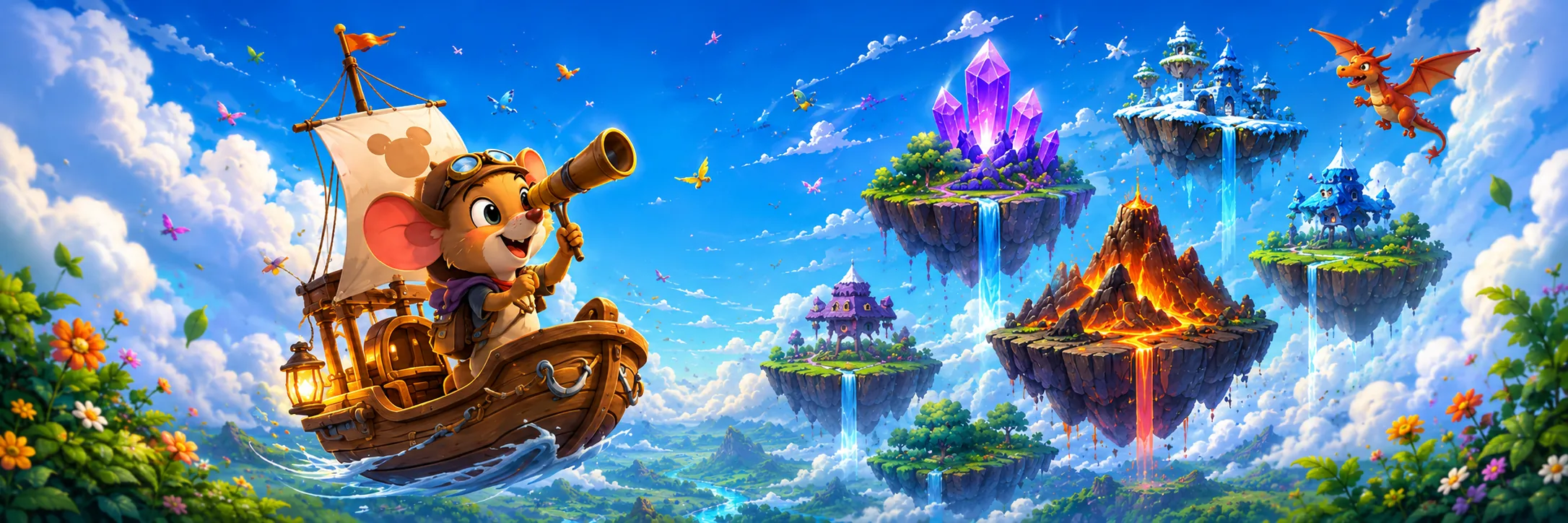 ภาพวาดเกาะลอยฟ้า มีปราสาท ภูเขาไฟ และคริสตัลเรืองแสงกลางท้องฟ้าสีฟ้า